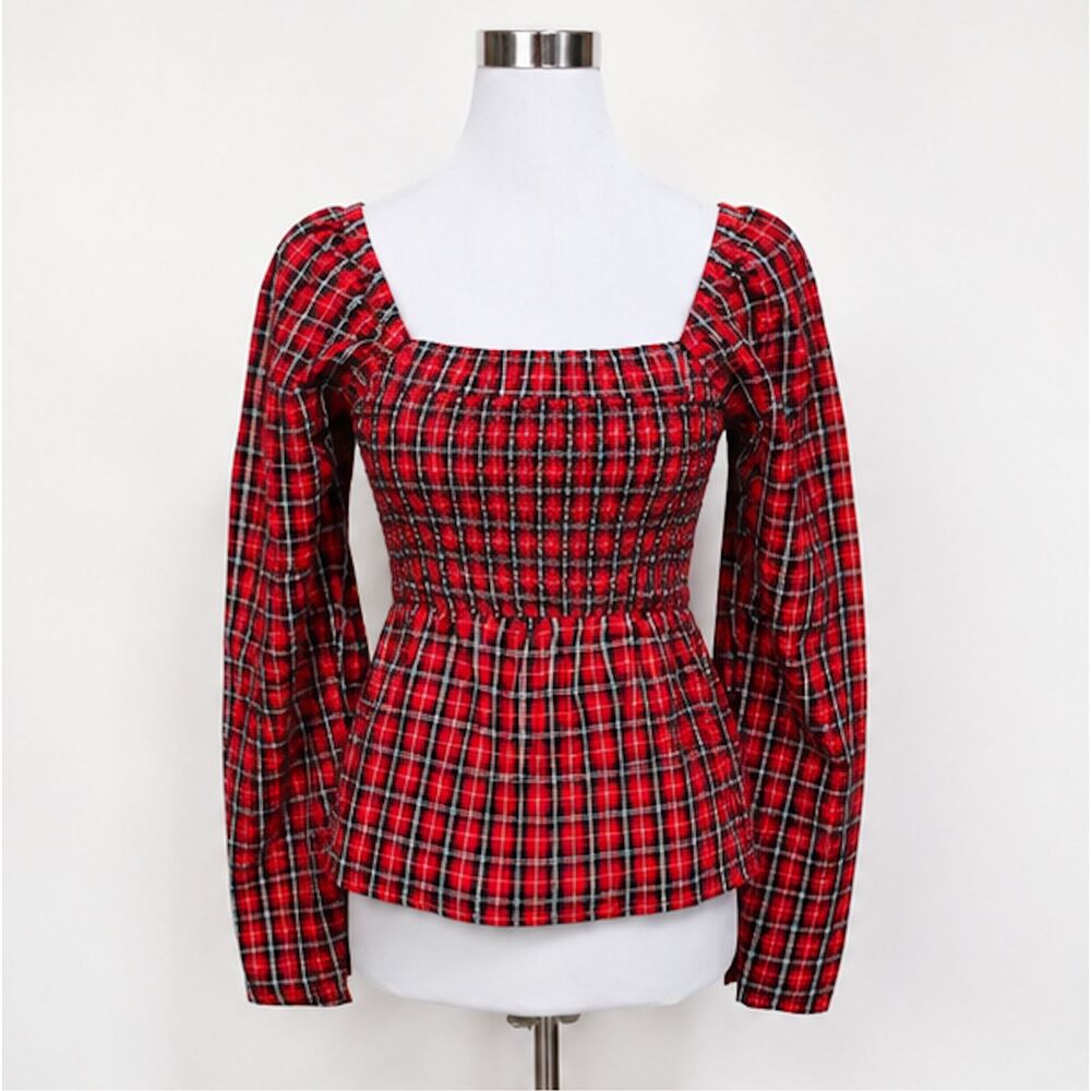 Old Navy Red Tartan Smocked Babydoll Top Women's Small Plaid Seersucker NWT